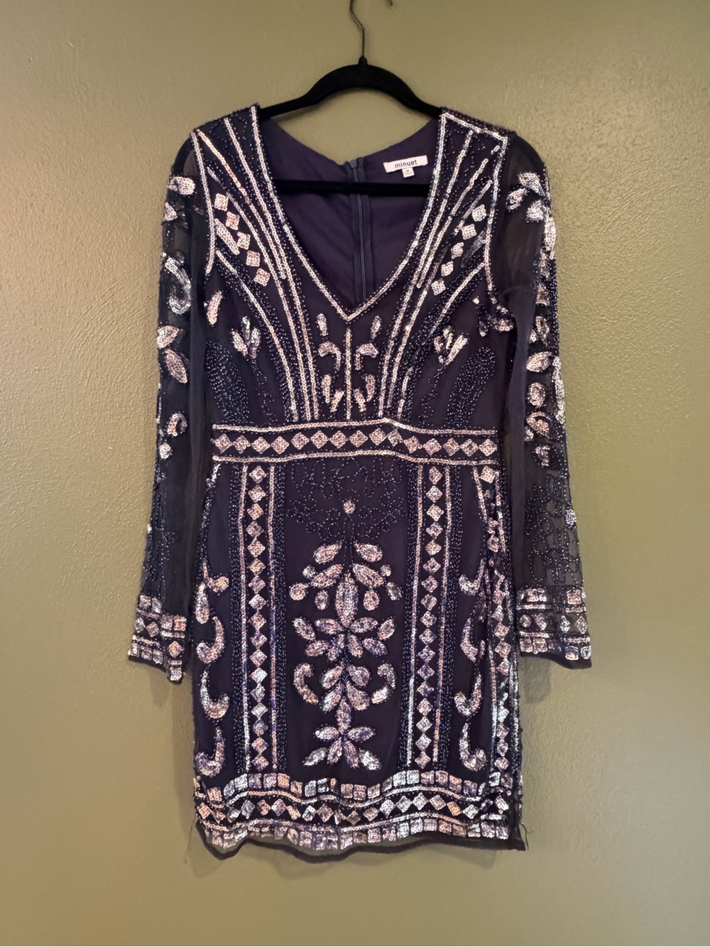 Minuet Petite Navy Long-Sleeve Beaded V-Neck Dress